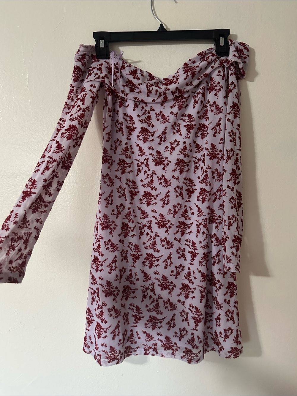 Off-Shoulder Dress with Burgundy Floral Print